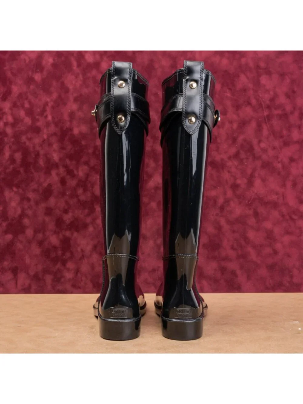 Coach Women Black Gloss Riding Equestrian Wellies Rubber Boots sz 11